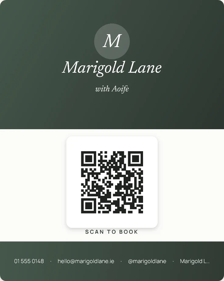 A Booki7 digital card for Marigold Lane with a QR code to the booking page