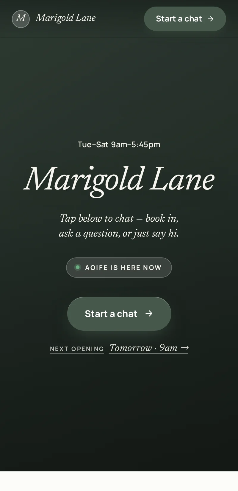 The Marigold Lane booking page on a phone, ready to start a chat